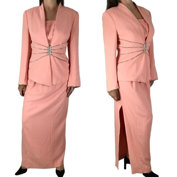 VINTAGE Junnie Leigh Evening Cocktail Party Blazer Jacket Skirt Suit Outfit Set